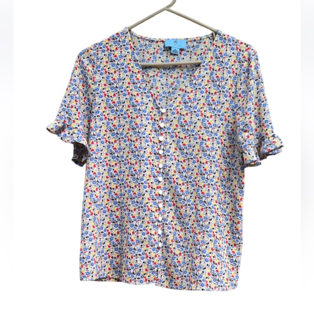 CeCe Multicolor Floral Casual Button Down Shirt Fluttery Sleeves XS
